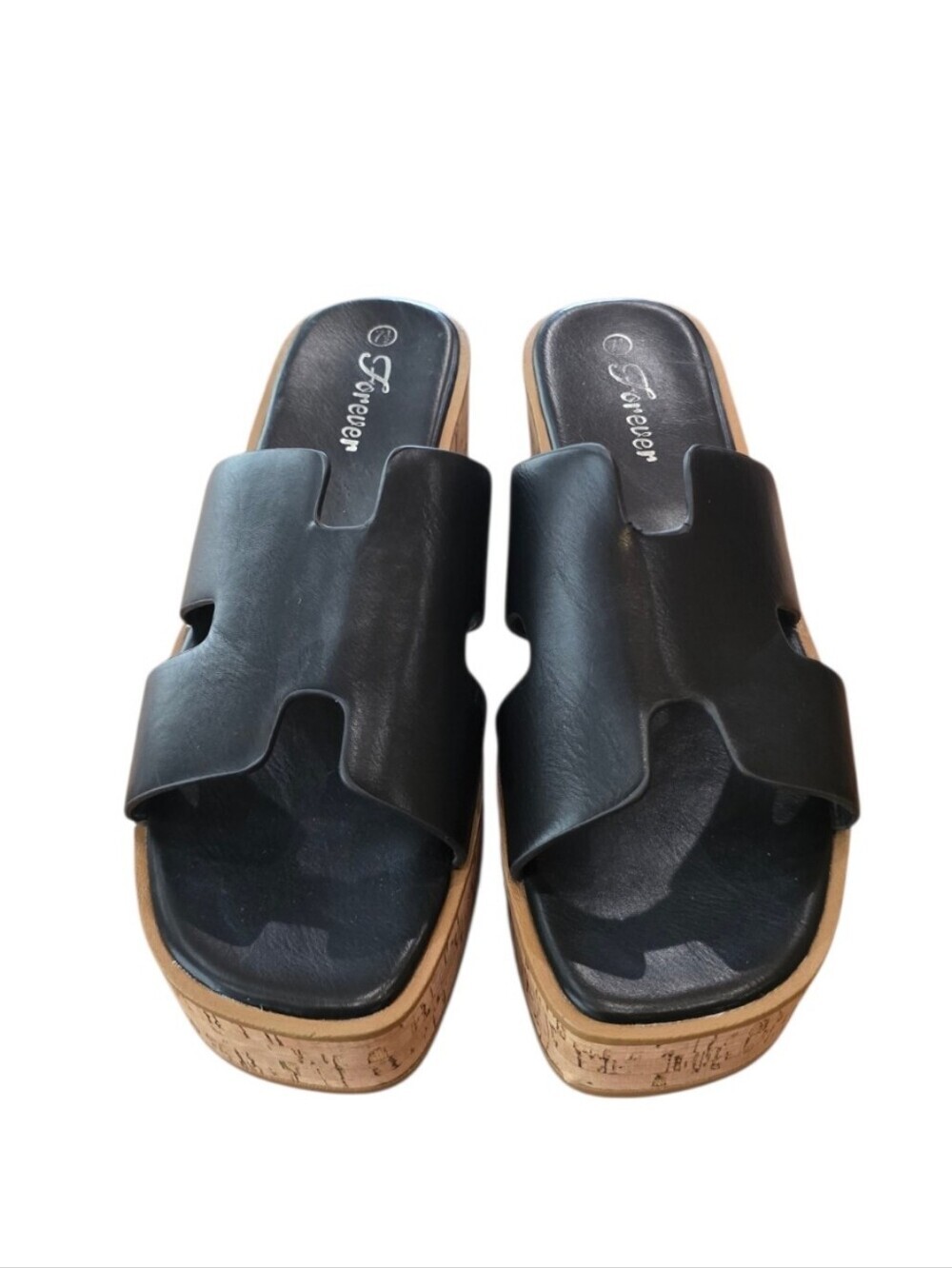 Forever 21 Black Faux Leather Platform Wedge Sandals 7.5